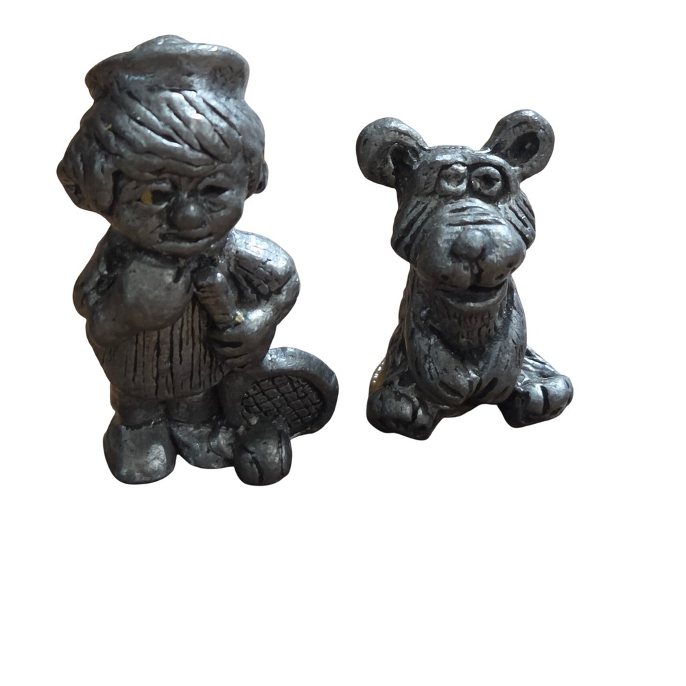 Lot of 2 Vintage 70s Miniature Pewter Metal Figurines Boy with Tennis Racket